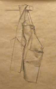 croquis fusain drapé tablier de peintre